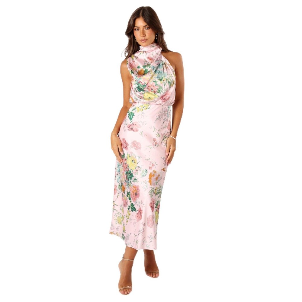Petal & Pup Anabelle Womens Halter Neck Midi Dress Pink Floral Satin XL NWT